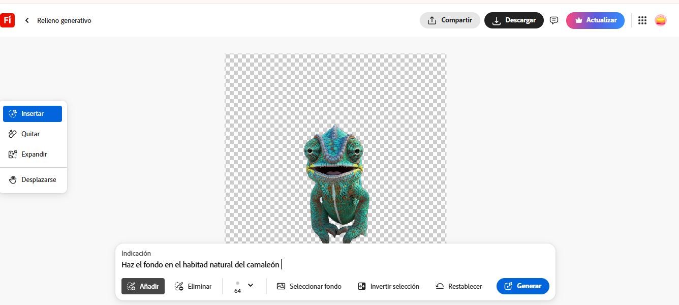 imagen camaleón relleno generativo inteligencia artificial de photoshop